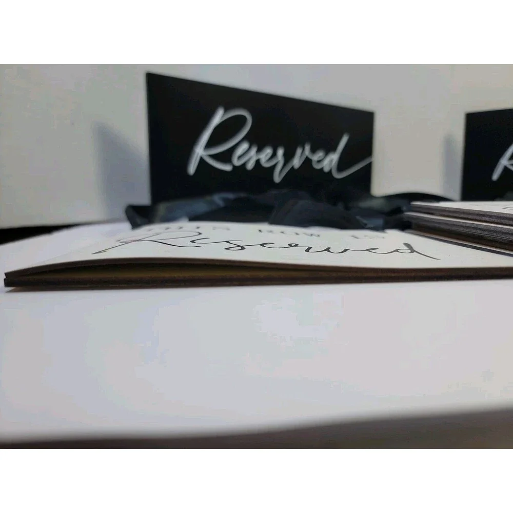 Set of 12 Reserved Wedding Signs Black White Ribbon Chair Row And 2 Tabletop